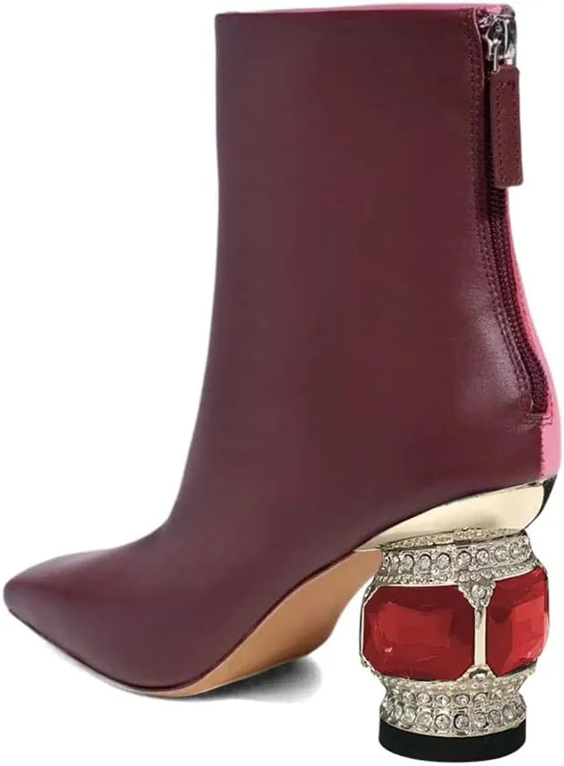 XYD Women Gorgeous Mid Low Chunky Crystal Gem Heel Ankle Boots Closed Square Toe Short Bootie Back Zipper Party Ballroom Dancing Dressy Shoes
