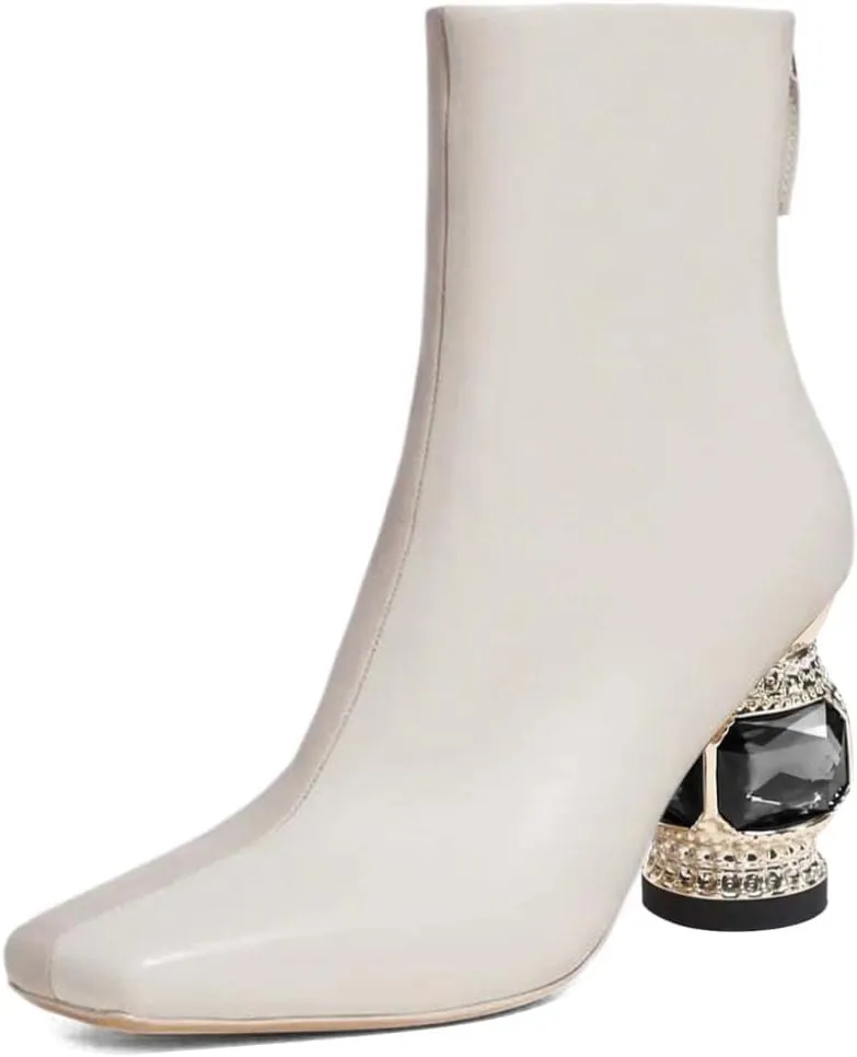 XYD Women Gorgeous Mid Low Chunky Crystal Gem Heel Ankle Boots Closed Square Toe Short Bootie Back Zipper Party Ballroom Dancing Dressy Shoes