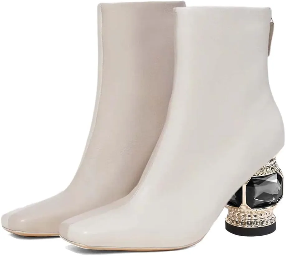 XYD Women Gorgeous Mid Low Chunky Crystal Gem Heel Ankle Boots Closed Square Toe Short Bootie Back Zipper Party Ballroom Dancing Dressy Shoes