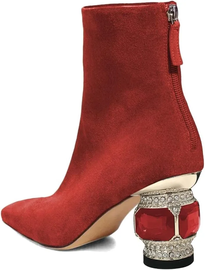 XYD Women Gorgeous Mid Low Chunky Crystal Gem Heel Ankle Boots Closed Square Toe Short Bootie Back Zipper Party Ballroom Dancing Dressy Shoes