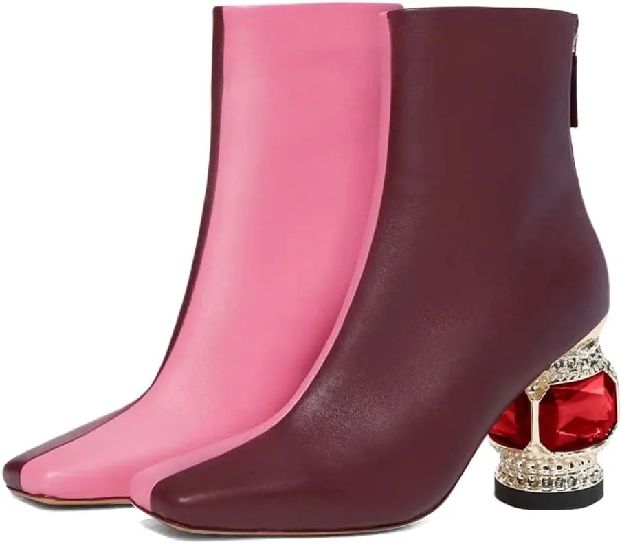 XYD Women Gorgeous Mid Low Chunky Crystal Gem Heel Ankle Boots Closed Square Toe Short Bootie Back Zipper Party Ballroom Dancing Dressy Shoes