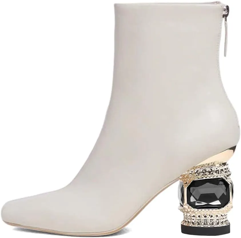 XYD Women Gorgeous Mid Low Chunky Crystal Gem Heel Ankle Boots Closed Square Toe Short Bootie Back Zipper Party Ballroom Dancing Dressy Shoes