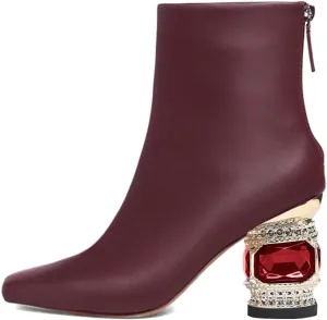 XYD Women Gorgeous Mid Low Chunky Crystal Gem Heel Ankle Boots Closed Square Toe Short Bootie Back Zipper Party Ballroom Dancing Dressy Shoes