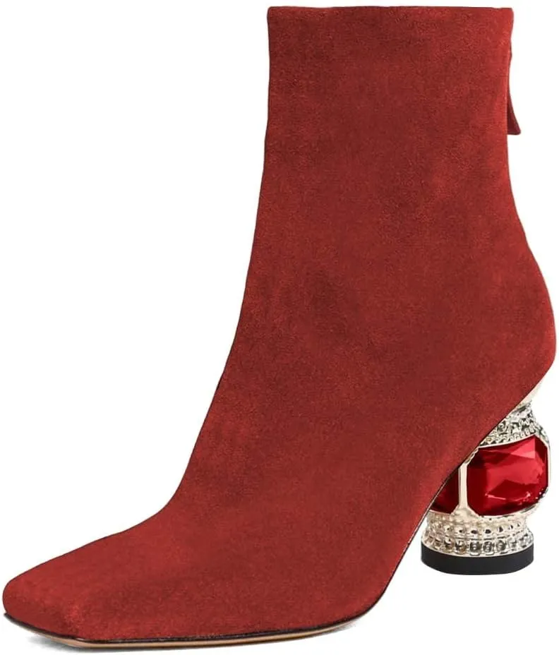 XYD Women Gorgeous Mid Low Chunky Crystal Gem Heel Ankle Boots Closed Square Toe Short Bootie Back Zipper Party Ballroom Dancing Dressy Shoes