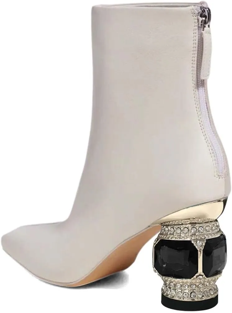 XYD Women Gorgeous Mid Low Chunky Crystal Gem Heel Ankle Boots Closed Square Toe Short Bootie Back Zipper Party Ballroom Dancing Dressy Shoes