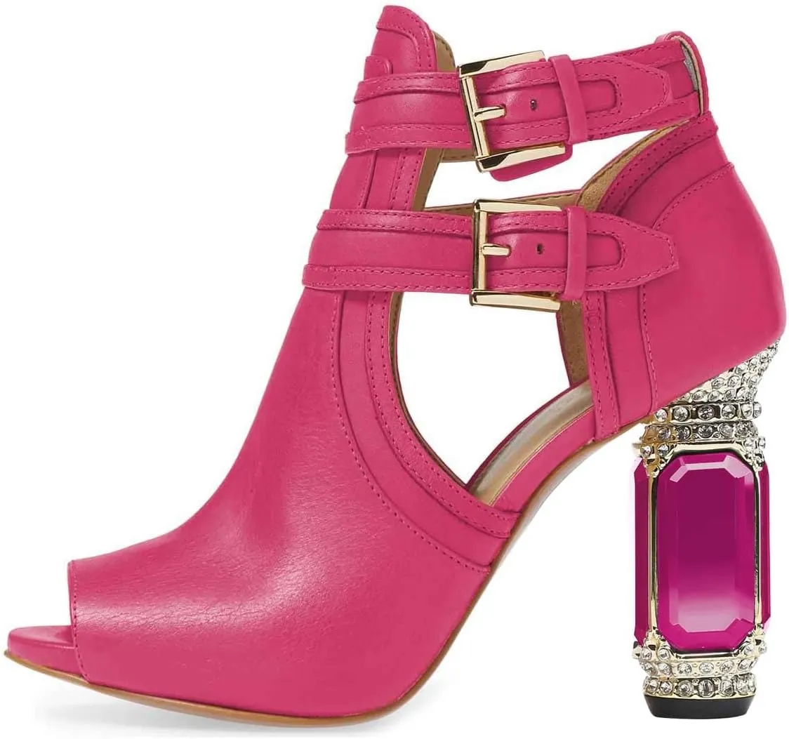 XYD Women Peep Toe Booties Style Pumps Fancy Cylindrical Crystal Block Heels Dual Buckles Ladies Event Party Shoes