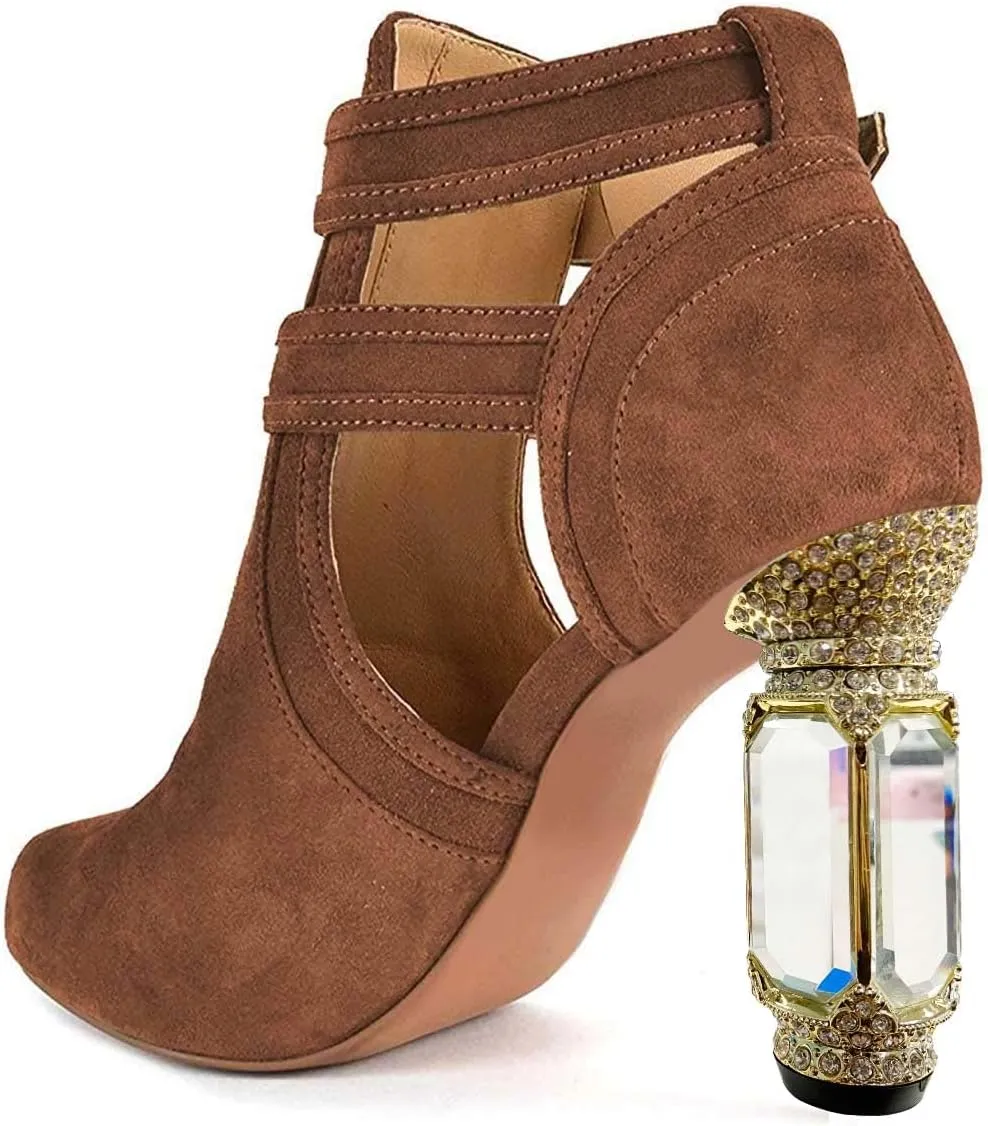 XYD Women Peep Toe Booties Style Pumps Fancy Cylindrical Crystal Block Heels Dual Buckles Ladies Event Party Shoes