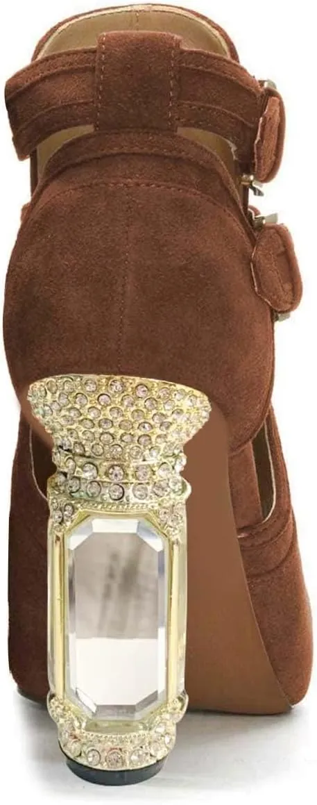 XYD Women Peep Toe Booties Style Pumps Fancy Cylindrical Crystal Block Heels Dual Buckles Ladies Event Party Shoes