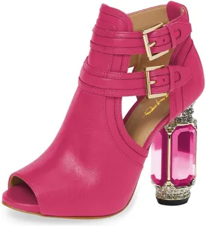 XYD Women Peep Toe Booties Style Pumps Fancy Cylindrical Crystal Block Heels Dual Buckles Ladies Event Party Shoes