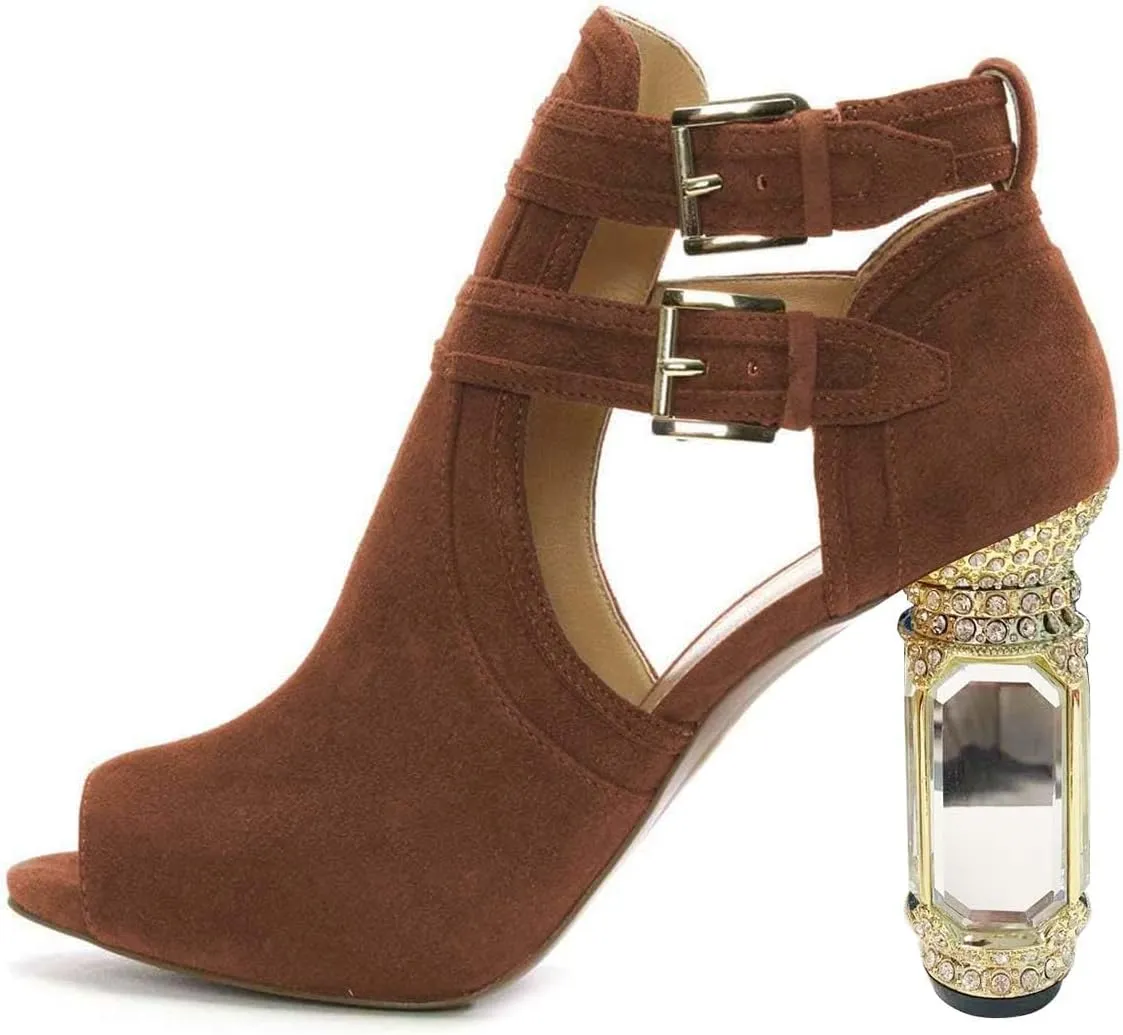 XYD Women Peep Toe Booties Style Pumps Fancy Cylindrical Crystal Block Heels Dual Buckles Ladies Event Party Shoes