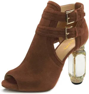 XYD Women Peep Toe Booties Style Pumps Fancy Cylindrical Crystal Block Heels Dual Buckles Ladies Event Party Shoes