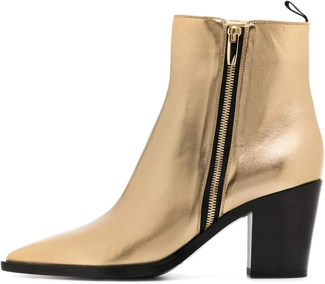 XYD Women Pointed Toe Glossy Ankle Boots Stacked Chunky Heels Pumps Booties with Side Zipper Fall Winter Dress Casual Shoes