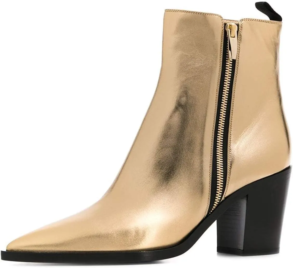 XYD Women Pointed Toe Glossy Ankle Boots Stacked Chunky Heels Pumps Booties with Side Zipper Fall Winter Dress Casual Shoes