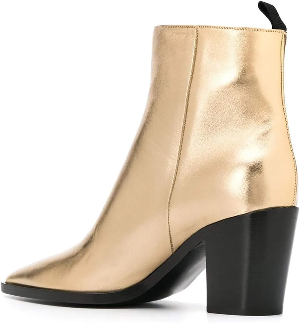 XYD Women Pointed Toe Glossy Ankle Boots Stacked Chunky Heels Pumps Booties with Side Zipper Fall Winter Dress Casual Shoes