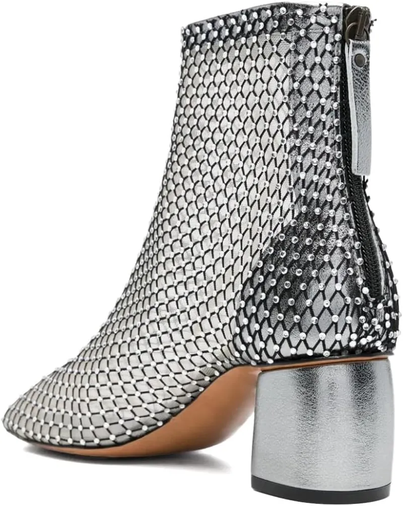 XYD Women Round Toe Short Boots Mesh Crystals Block Heel Shoes Back Zip Cut-out Ankle Bootie Pumps for Party Dressy
