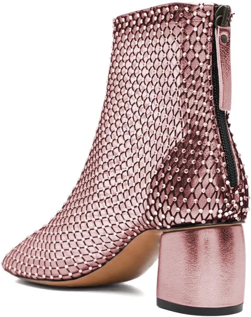 XYD Women Round Toe Short Boots Mesh Crystals Block Heel Shoes Back Zip Cut-out Ankle Bootie Pumps for Party Dressy