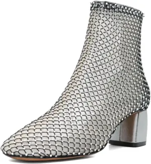 XYD Women Round Toe Short Boots Mesh Crystals Block Heel Shoes Back Zip Cut-out Ankle Bootie Pumps for Party Dressy