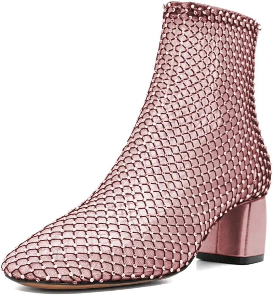 XYD Women Round Toe Short Boots Mesh Crystals Block Heel Shoes Back Zip Cut-out Ankle Bootie Pumps for Party Dressy