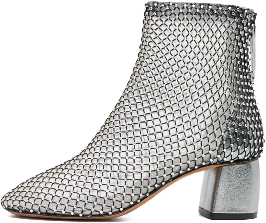 XYD Women Round Toe Short Boots Mesh Crystals Block Heel Shoes Back Zip Cut-out Ankle Bootie Pumps for Party Dressy