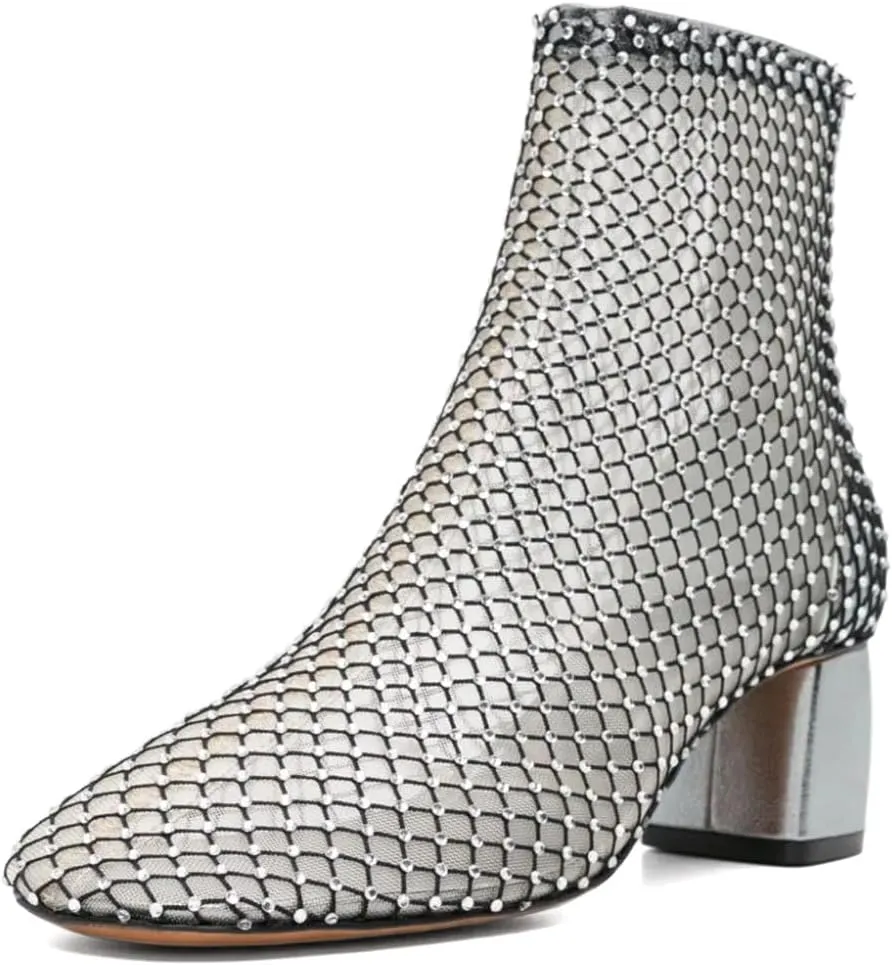 XYD Women Round Toe Short Boots Mesh Crystals Block Heel Shoes Back Zip Cut-out Ankle Bootie Pumps for Party Dressy