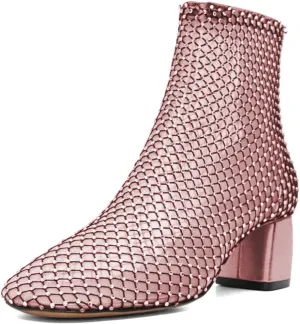 XYD Women Round Toe Short Boots Mesh Crystals Block Heel Shoes Back Zip Cut-out Ankle Bootie Pumps for Party Dressy