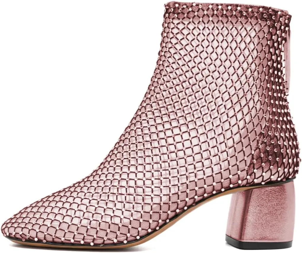 XYD Women Round Toe Short Boots Mesh Crystals Block Heel Shoes Back Zip Cut-out Ankle Bootie Pumps for Party Dressy