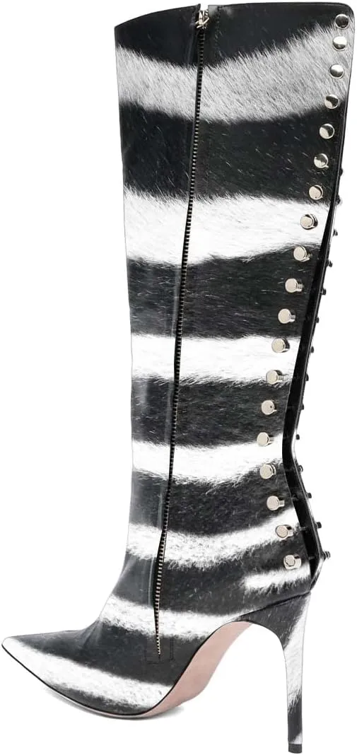 XYD Women Sexy Rivets Closed Pointed Toe Stiletto High Heel Knee High Boots Side Zipper Party Event Nightclub Shoes