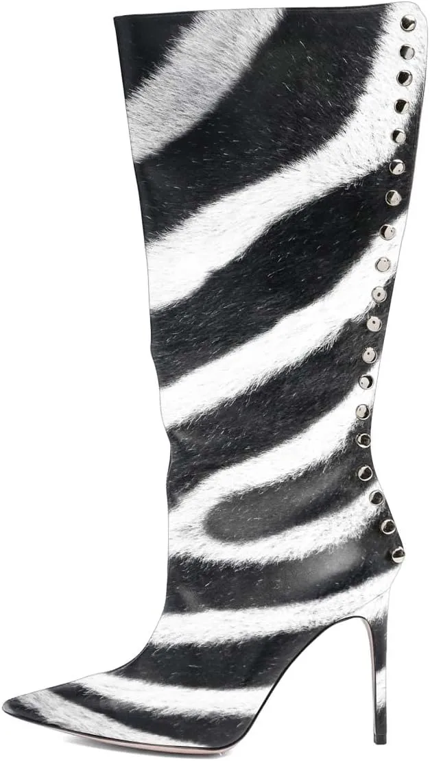 XYD Women Sexy Rivets Closed Pointed Toe Stiletto High Heel Knee High Boots Side Zipper Party Event Nightclub Shoes