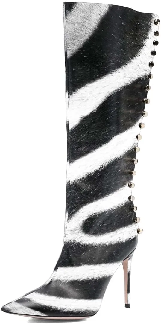 XYD Women Sexy Rivets Closed Pointed Toe Stiletto High Heel Knee High Boots Side Zipper Party Event Nightclub Shoes