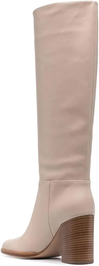 XYD Women Stretchy Pull On Calf Boots Retro Round Toe Waterproof Knee High Booties Chunky Blocked High Heel Casual Daily Wear Office Outdoor Shoes