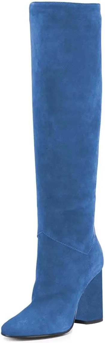 XYD Women Stretchy Pull On Calf Boots Retro Round Toe Waterproof Knee High Booties Chunky Blocked High Heel Casual Daily Wear Office Outdoor Shoes