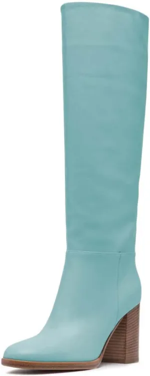 XYD Women Stretchy Pull On Calf Boots Retro Round Toe Waterproof Knee High Booties Chunky Blocked High Heel Casual Daily Wear Office Outdoor Shoes