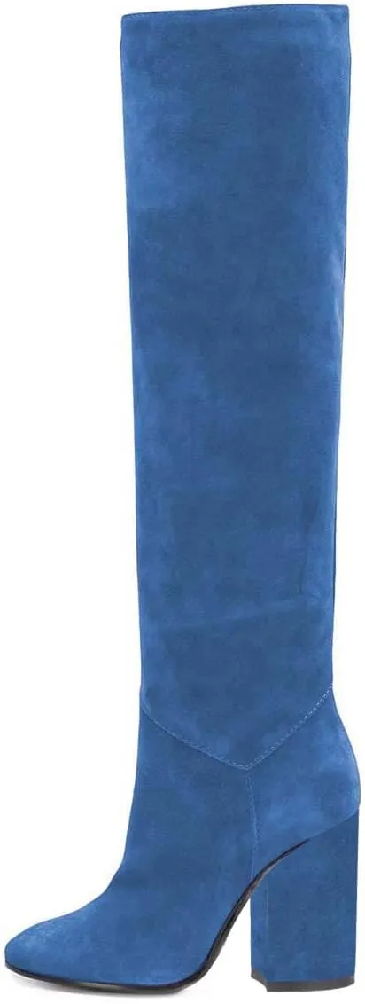 XYD Women Stretchy Pull On Calf Boots Retro Round Toe Waterproof Knee High Booties Chunky Blocked High Heel Casual Daily Wear Office Outdoor Shoes