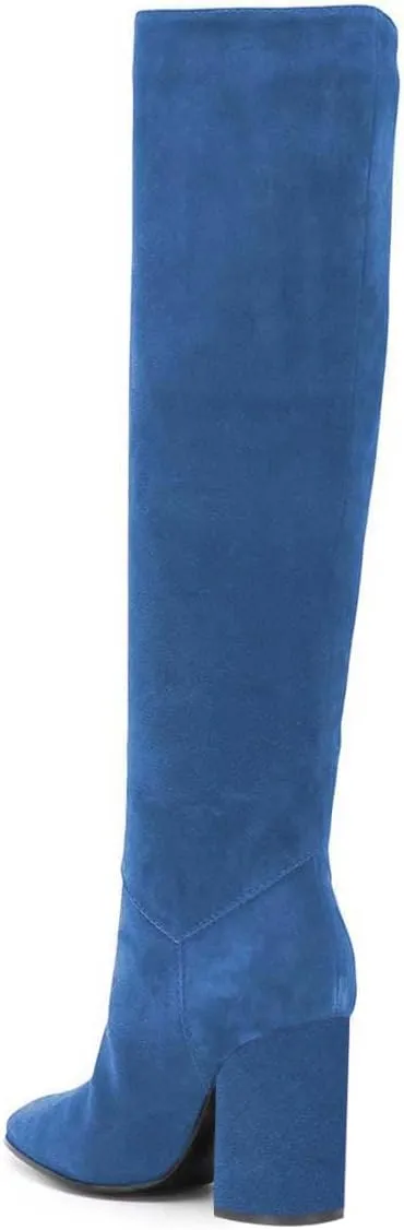 XYD Women Stretchy Pull On Calf Boots Retro Round Toe Waterproof Knee High Booties Chunky Blocked High Heel Casual Daily Wear Office Outdoor Shoes