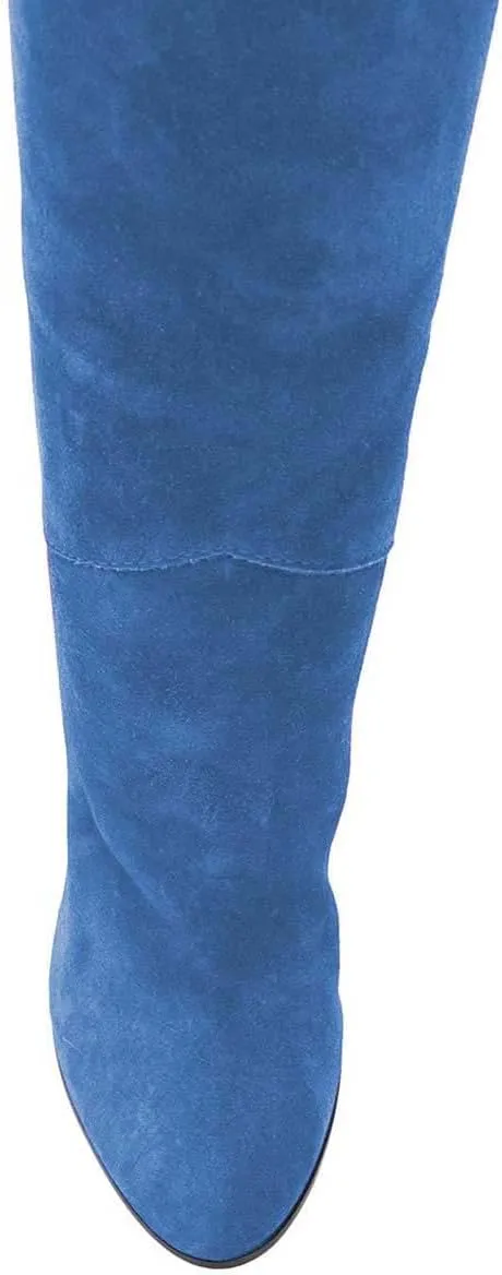 XYD Women Stretchy Pull On Calf Boots Retro Round Toe Waterproof Knee High Booties Chunky Blocked High Heel Casual Daily Wear Office Outdoor Shoes