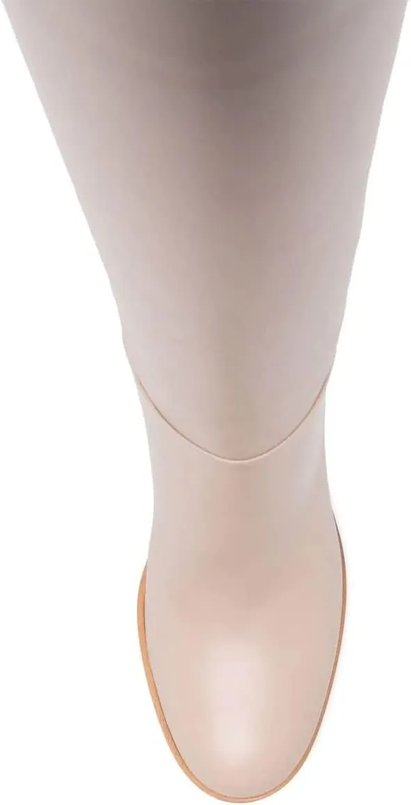 XYD Women Stretchy Pull On Calf Boots Retro Round Toe Waterproof Knee High Booties Chunky Blocked High Heel Casual Daily Wear Office Outdoor Shoes