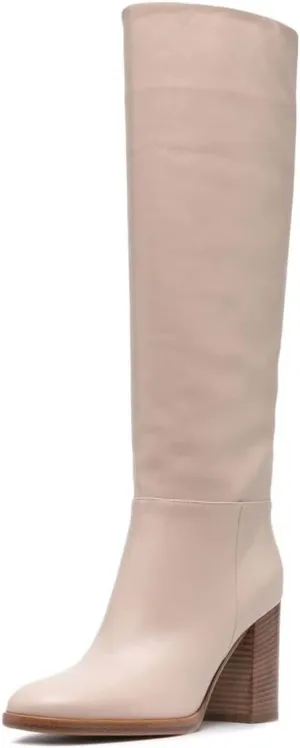XYD Women Stretchy Pull On Calf Boots Retro Round Toe Waterproof Knee High Booties Chunky Blocked High Heel Casual Daily Wear Office Outdoor Shoes