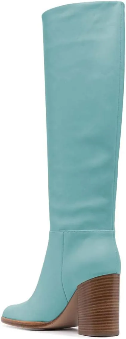 XYD Women Stretchy Pull On Calf Boots Retro Round Toe Waterproof Knee High Booties Chunky Blocked High Heel Casual Daily Wear Office Outdoor Shoes