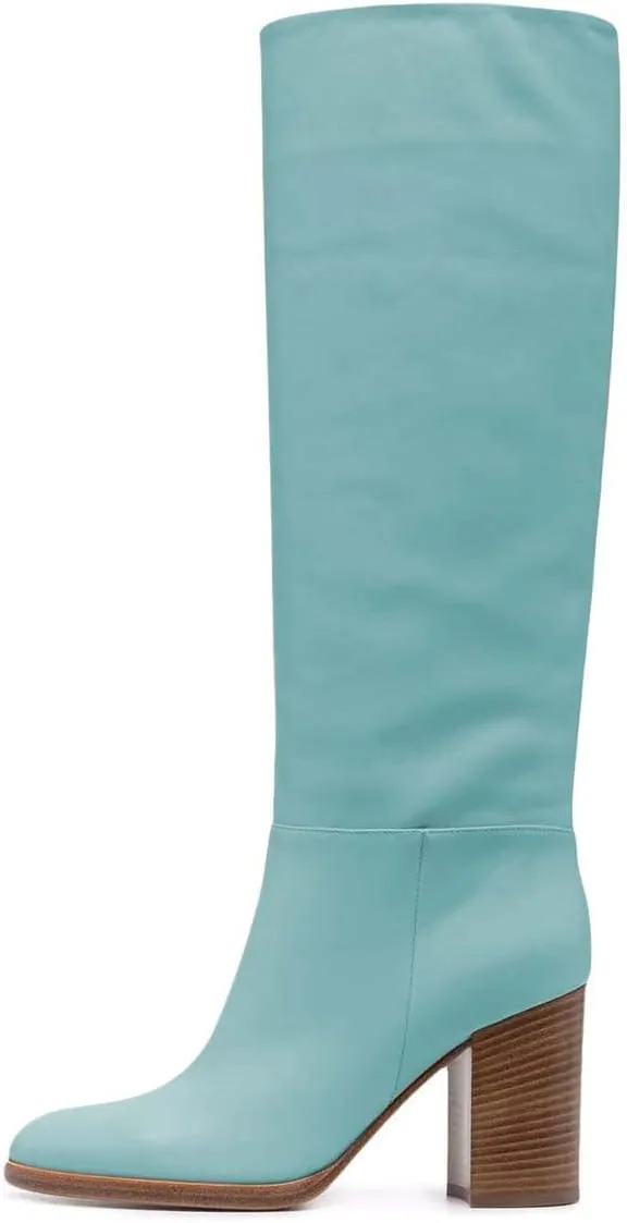 XYD Women Stretchy Pull On Calf Boots Retro Round Toe Waterproof Knee High Booties Chunky Blocked High Heel Casual Daily Wear Office Outdoor Shoes