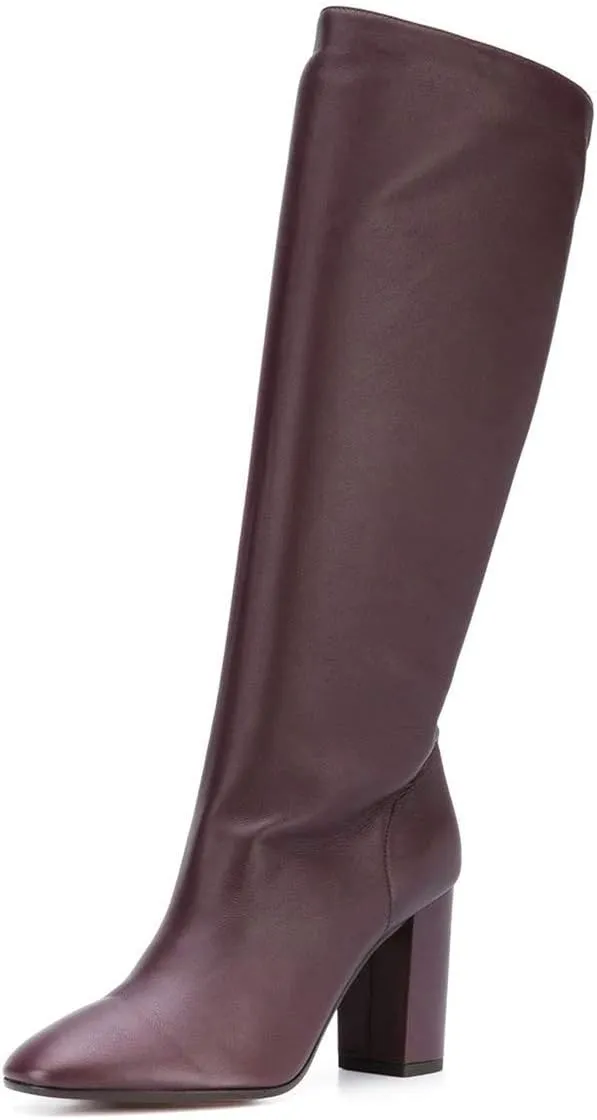 YDN Women Classic Closed Round Toe Block Chunky High Heel Knee High Boots Pull On Wide Calf Winter Fall Long Boots Dressy Shoe