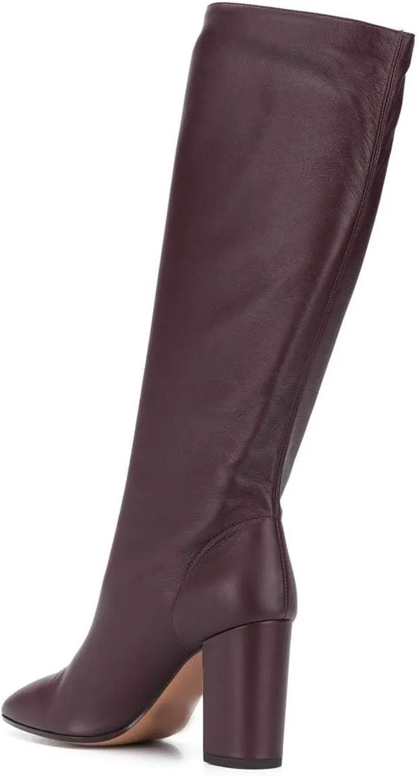YDN Women Classic Closed Round Toe Block Chunky High Heel Knee High Boots Pull On Wide Calf Winter Fall Long Boots Dressy Shoe