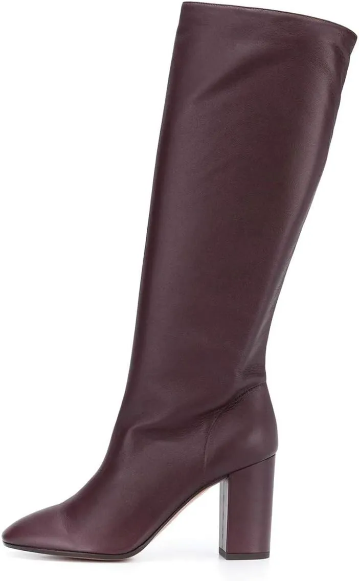 YDN Women Classic Closed Round Toe Block Chunky High Heel Knee High Boots Pull On Wide Calf Winter Fall Long Boots Dressy Shoe