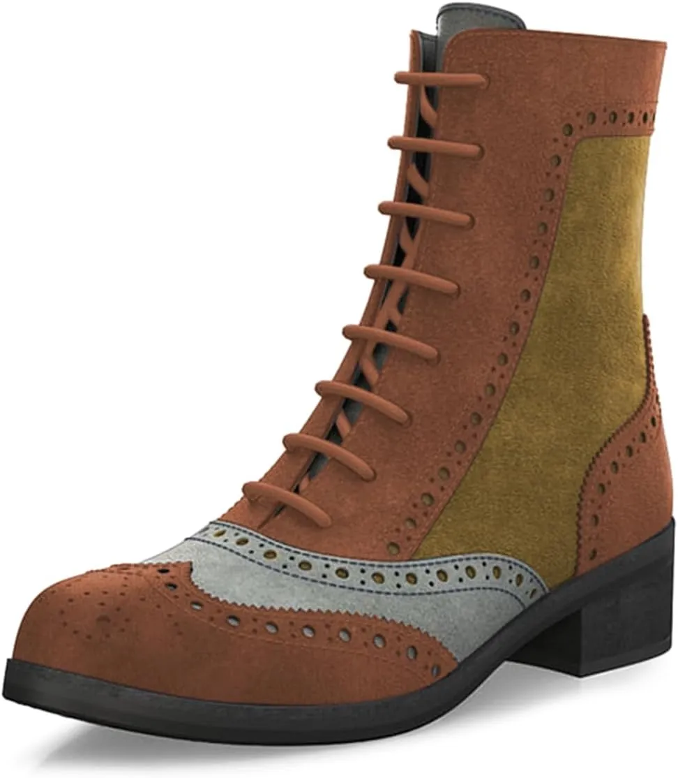 YDN Women Closed Toe Lace Up Wingtip Ankle Boots Side Zippers Low Heel Oxfords Brogue Boots Work Office Formal Shoes Size 4-16 US