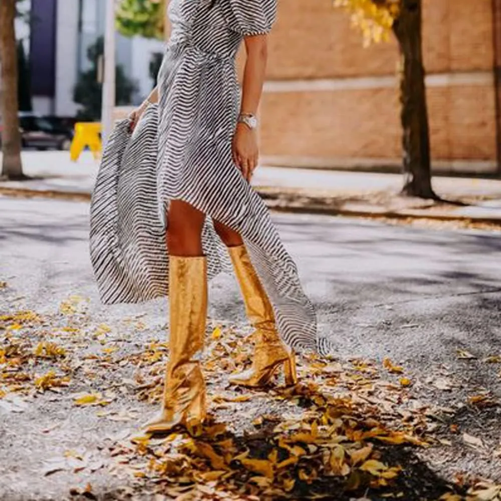 YIYA Knee High Western Boots for Women Winter Leather Shoes Pointed Toe Block High Heel Tall Boot