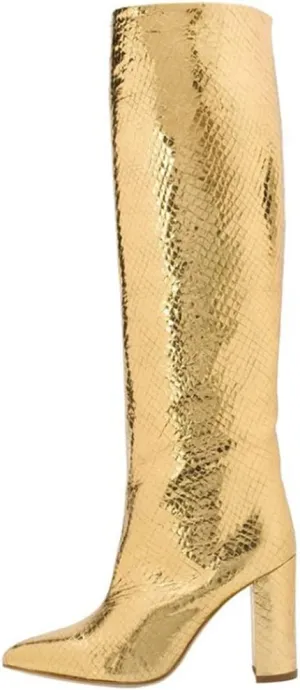 YIYA Knee High Western Boots for Women Winter Leather Shoes Pointed Toe Block High Heel Tall Boot
