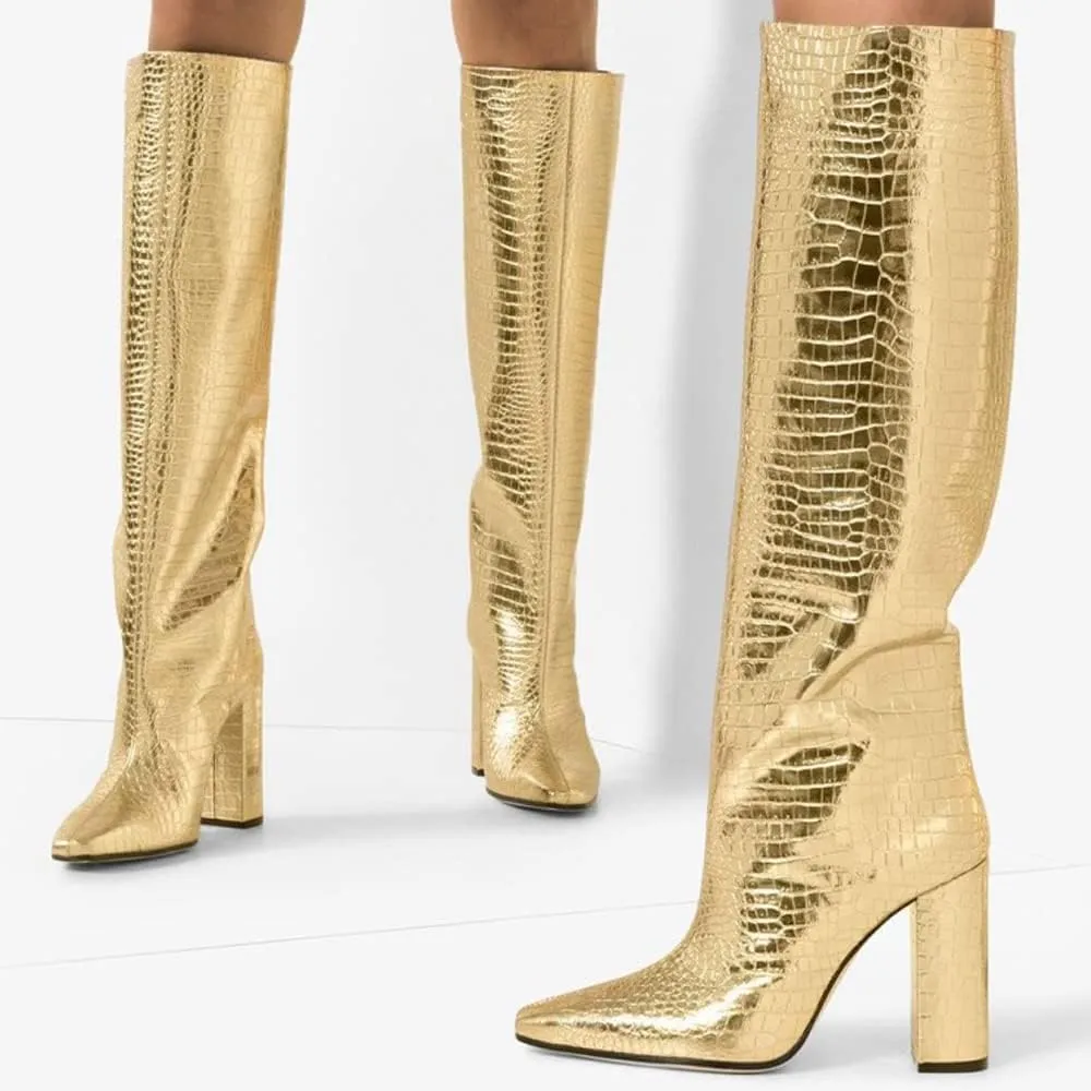 YIYA Knee High Western Boots for Women Winter Leather Shoes Pointed Toe Block High Heel Tall Boot