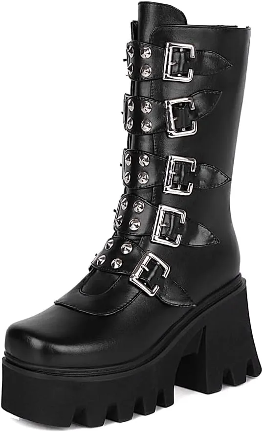 YIYA Women's Black Goth Platform Ankle Boots with Bat Wing Buckles Chunky Block Heels Round Toe Zipper Punk Motorcycle Combat Boots Comfy Short Gothic Booties