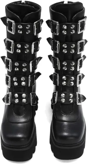 YIYA Women's Black Goth Platform Ankle Boots with Bat Wing Buckles Chunky Block Heels Round Toe Zipper Punk Motorcycle Combat Boots Comfy Short Gothic Booties