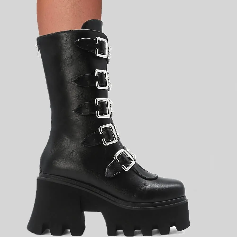 YIYA Women's Black Goth Platform Ankle Boots with Bat Wing Buckles Chunky Block Heels Round Toe Zipper Punk Motorcycle Combat Boots Comfy Short Gothic Booties