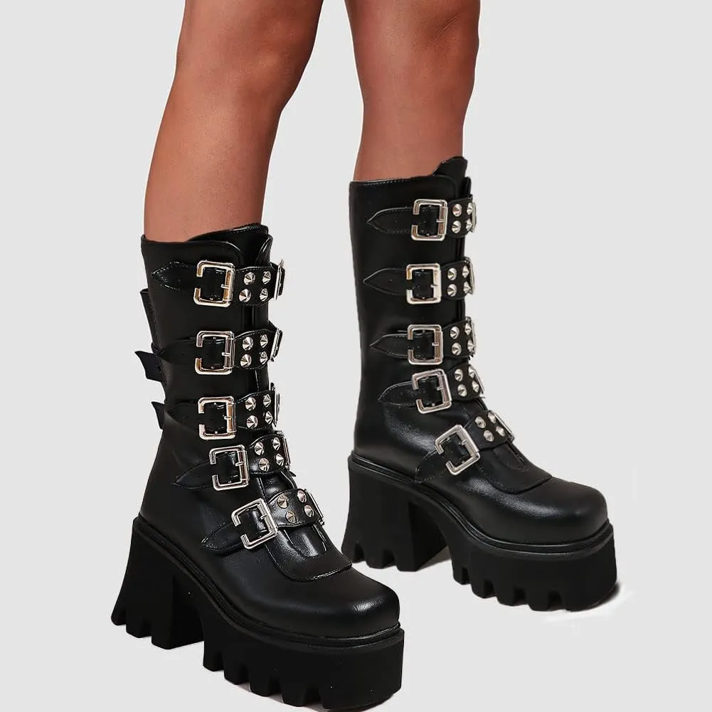 YIYA Women's Black Goth Platform Ankle Boots with Bat Wing Buckles Chunky Block Heels Round Toe Zipper Punk Motorcycle Combat Boots Comfy Short Gothic Booties